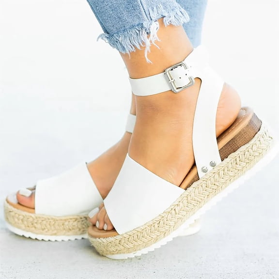 Quaouag Open Toe Buckle Ankle Strap Espadrilles Flatform Wedge Casual Sandal