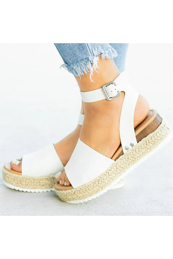 Open Toe Buckle Ankle Strap Espadrilles Flatform Wedge Casual Sandal