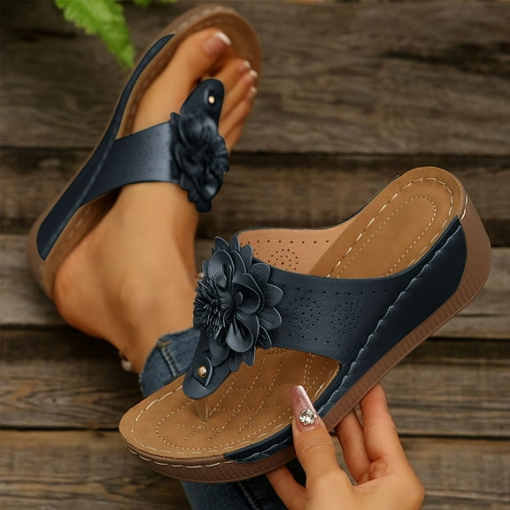 Quaouag Open Toe Fancy Flower Women Wedge Orthopedic Sandals,Hollowed Slip on Arch Support Sandals Casual Bohemian Fashion Non-Slip Lightweight Slippers