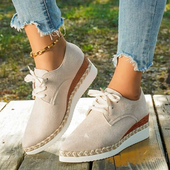 Quaouag Running Sneakers Womens Comfortable Casual Middle Heels Shoes Lace-up Hinking Shoe Fashion Sports Shoes Solid Shoe