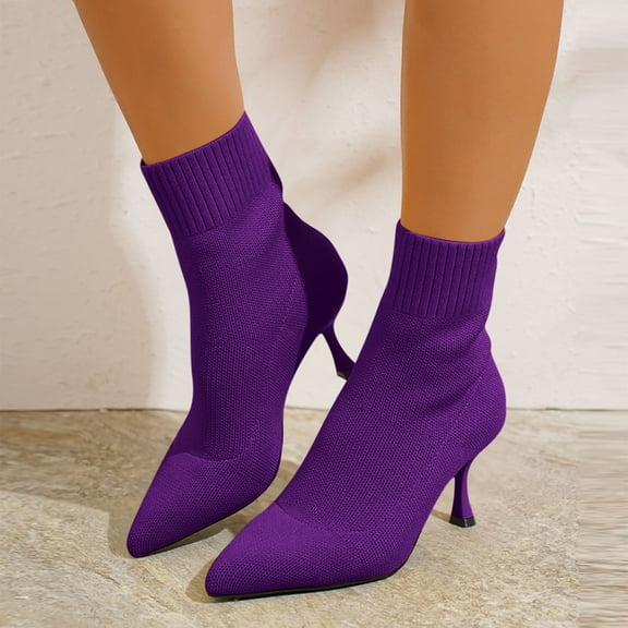 Quaouag Stretch Pointed Toe Sock Booties Mid-Calf Ankle Boot Stiletto Heel Boots for Women