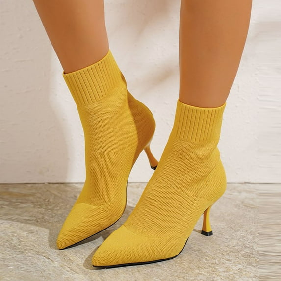 Quaouag Stretch Pointed Toe Sock Booties Mid-Calf Ankle Boot Stiletto Heel Boots for Women
