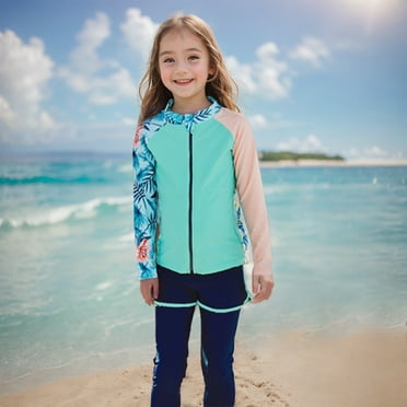 Quaouag Summer 2Pcs Youth Girls Long Sleeve Rash Guard Swimsuit UPF 50 Pants Sunsuit with Bathing Suits Blue 10,12,14,16,18