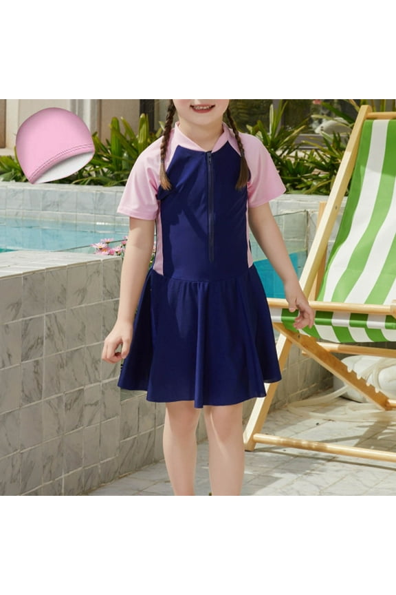 Swim Suits for Teens Cute Girls Modest Swimwear Solid Colour Colour Blocking Sunscreen Quick-Dry One-Piece Surf Dress Navy,Pink M,L,XL,XXL,XXXL