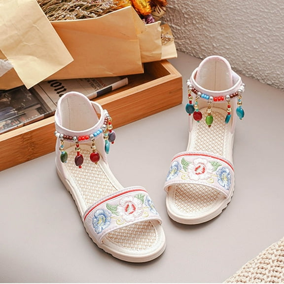 Quaouag Wedge Sandals for Girl,Comfortable Open Toe Sandal T-Strap Rhinestone Beaded Bohemia Beach Shoes Slip On Dressy Flat Sandals with Arch Support Blue,Pink