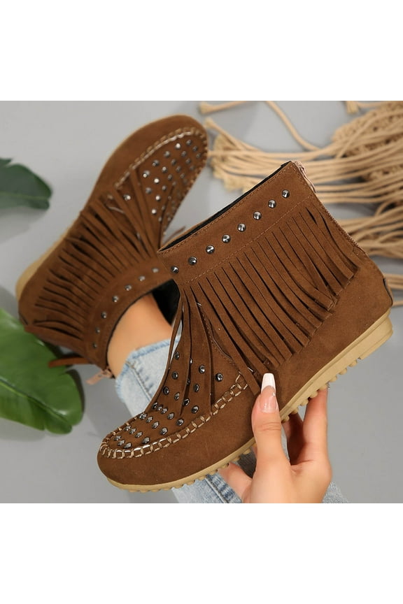 Women Casual Ankle Boots Flat Fringe Mocassion Booties