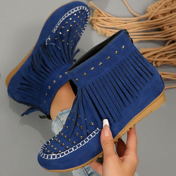 Quaouag Women Casual Ankle Boots Flat Fringe Mocassion Booties