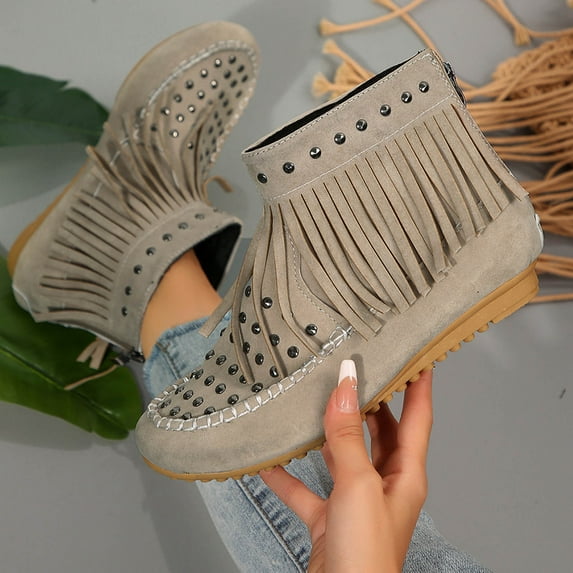 Quaouag Women Casual Ankle Boots Flat Fringe Mocassion Booties