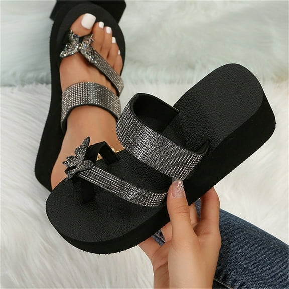 Quaouag Women Rhinestone Butterfly Slippers Flat Mules Bottom Slope Heel Sandals Anti-Slip Clip Toe Summer Casual Flip Flops