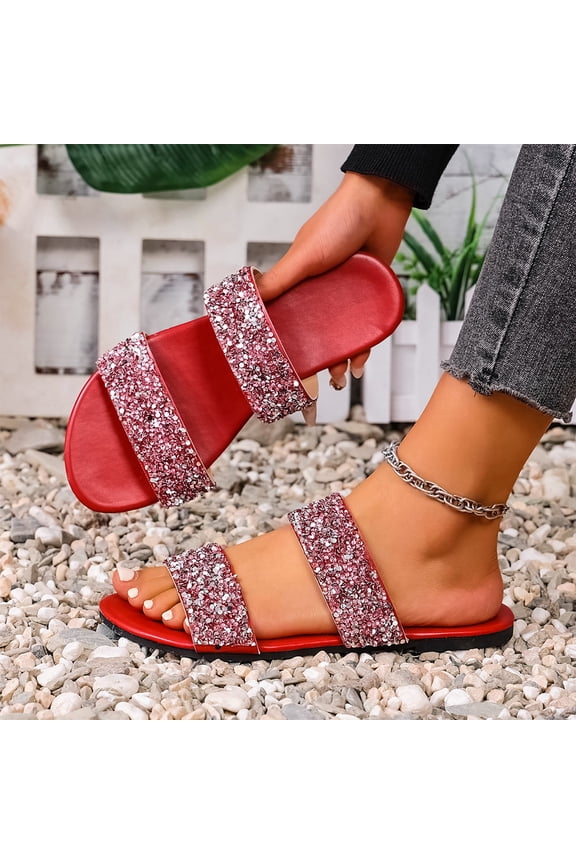 Women Rhinestone Decor Flat Sandals Square Toe Fashion Glitter Bling Slides With Soft Summer Slippers