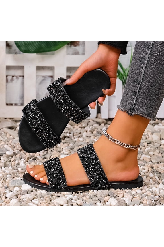 Women Rhinestone Decor Flat Sandals Square Toe Fashion Glitter Bling Slides With Soft Summer Slippers
