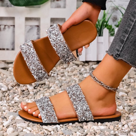 Quaouag Women Rhinestone Decor Flat Sandals Square Toe Fashion Glitter Bling Slides With Soft Summer Slippers