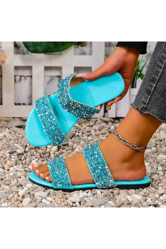 Women Rhinestone Decor Flat Sandals Square Toe Fashion Glitter Bling Slides With Soft Summer Slippers