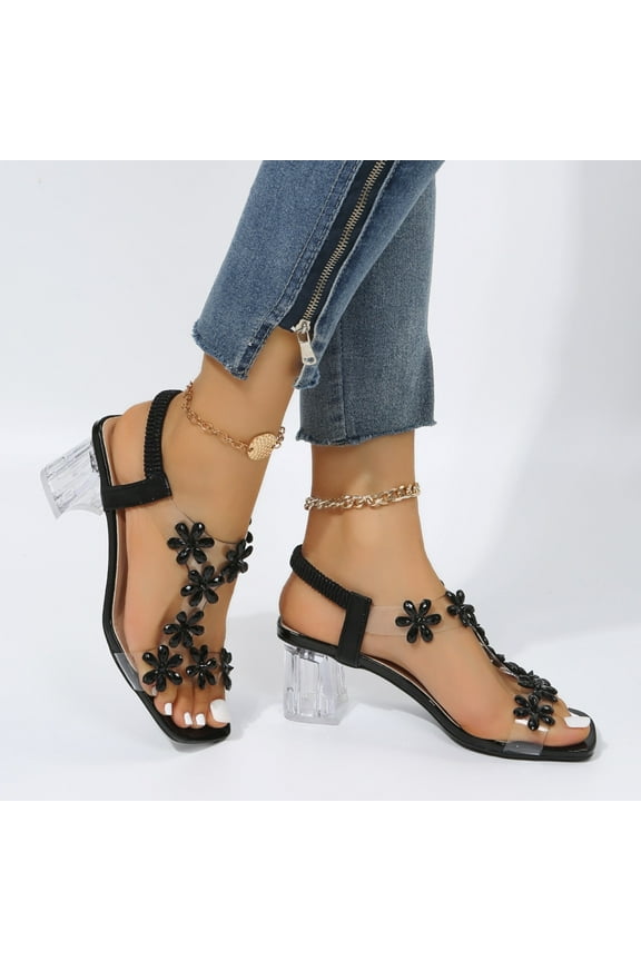Women Rhinestone Flower Clear Block Heel Sandals,Fashion Elastic Ankle Strap Chunky High Heel Open Toe Sexy Elegant Dress Shoes Square Toe Heels Party Wedding Sandals