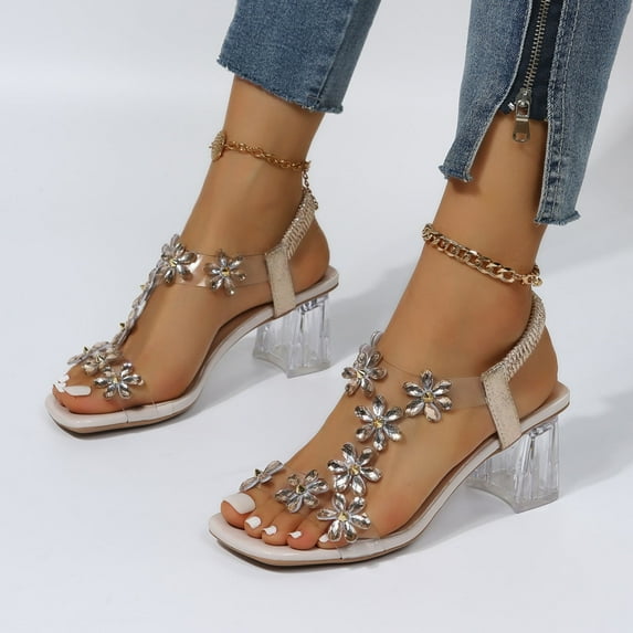 Quaouag Women Rhinestone Flower Clear Block Heel Sandals,Fashion Elastic Ankle Strap Chunky High Heel Open Toe Sexy Elegant Dress Shoes Square Toe Heels Party Wedding Sandals
