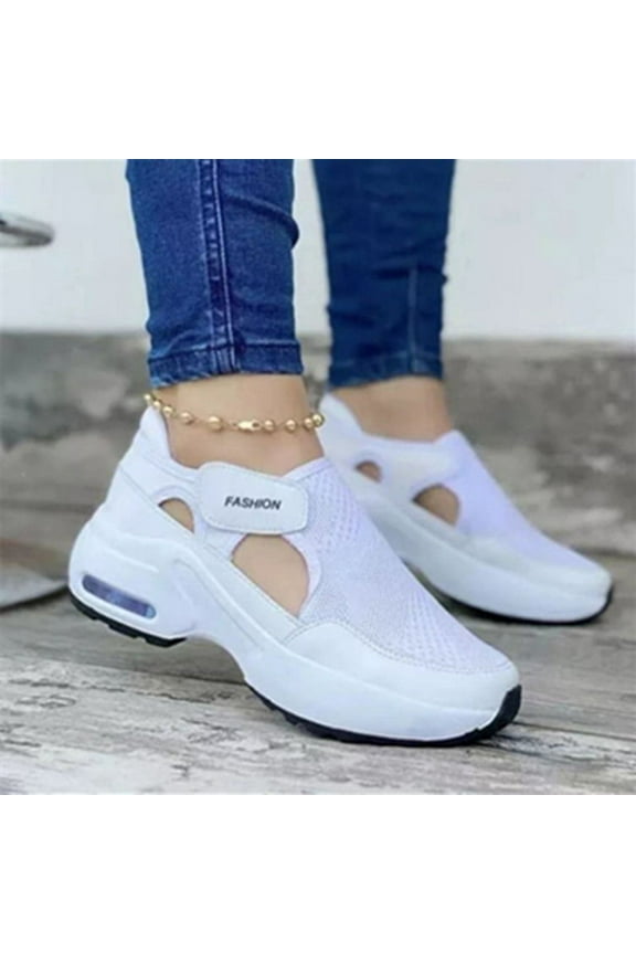 Women Sneaker Orthopedic Air Cushioned Sole Flying Woven Casual Sneakers Breathable Mesh Round Head Thick Bottom Magic Sticker Fashion Women's Shoes, for Daily Wear