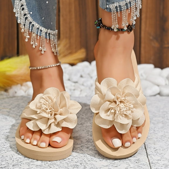 Quaouag Women's 3D Floral Applique Decor Open Toe Flip Flop Sandals Casual Outdoor Flat Slippers