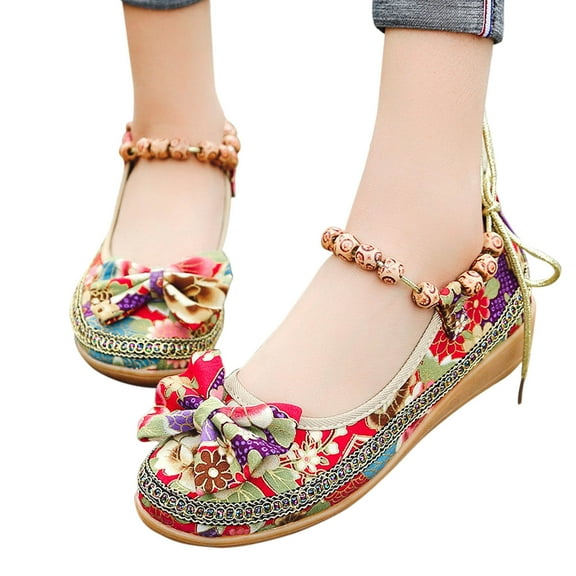 Quaouag Women's Beading Round Toe Embroidered Shoes Lace Up Colorful Casual Flats Shoes
