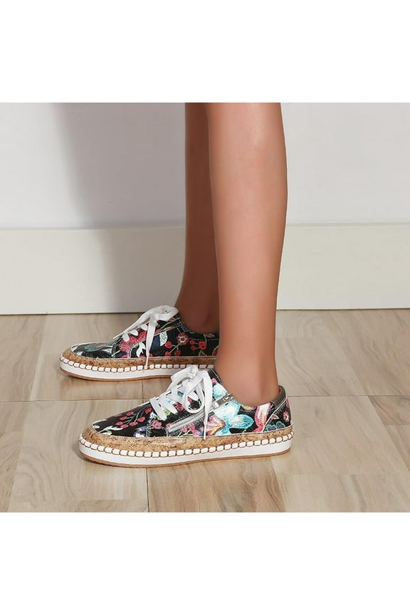 Women's Canvas Sneakers Classic Round Toe Low Cut Lace-Up Casual Shoes Fashion Comfortable Lightweight Floral Print Walking Flats