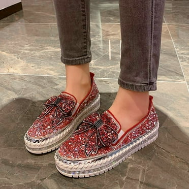 Quaouag Women's Casual Fashion Platform Rhinestones Glitter Slip On Sneakers Cute Bowknot Flat Walking Loafers Platform Dress Shoes