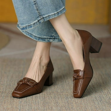 Quaouag Women's Chunky Low Block Heel Dress Shoes Mary Janes Heels for Women Comfortable Square Closed Toe Work Pumps