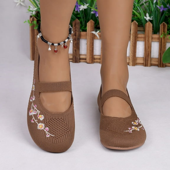Quaouag Women's Embroidered Mesh Ballet Comfortable Casual Mary Jane Shoes for Walking Daily Outfits