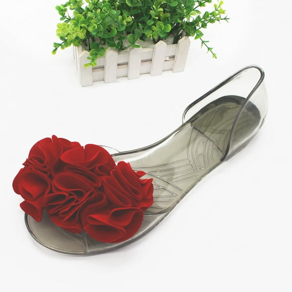 Quaouag Women's Jelly Sandal Peep Toe Flats Strap With Rose Slip On Sandals For Summer Rose Decorate