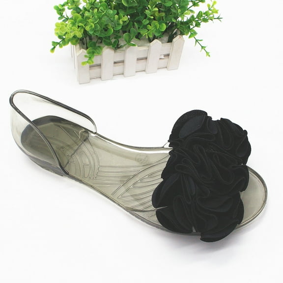 Quaouag Women's Jelly Sandal Peep Toe Flats Strap With Rose Slip On Sandals For Summer Rose Decorate