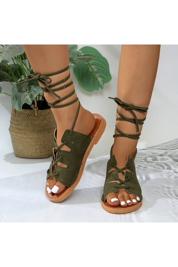 Women's Lace Up Open Toe Strappy Sandals, Ankle Wrap Flat Dressy Tie Up Summer Footwear