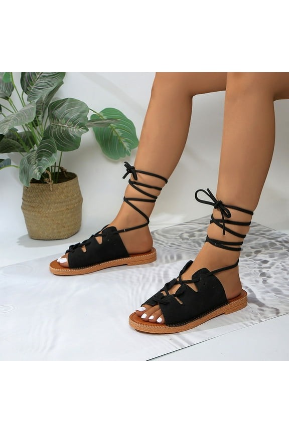 Women's Lace Up Open Toe Strappy Sandals, Ankle Wrap Flat Dressy Tie Up Summer Footwear