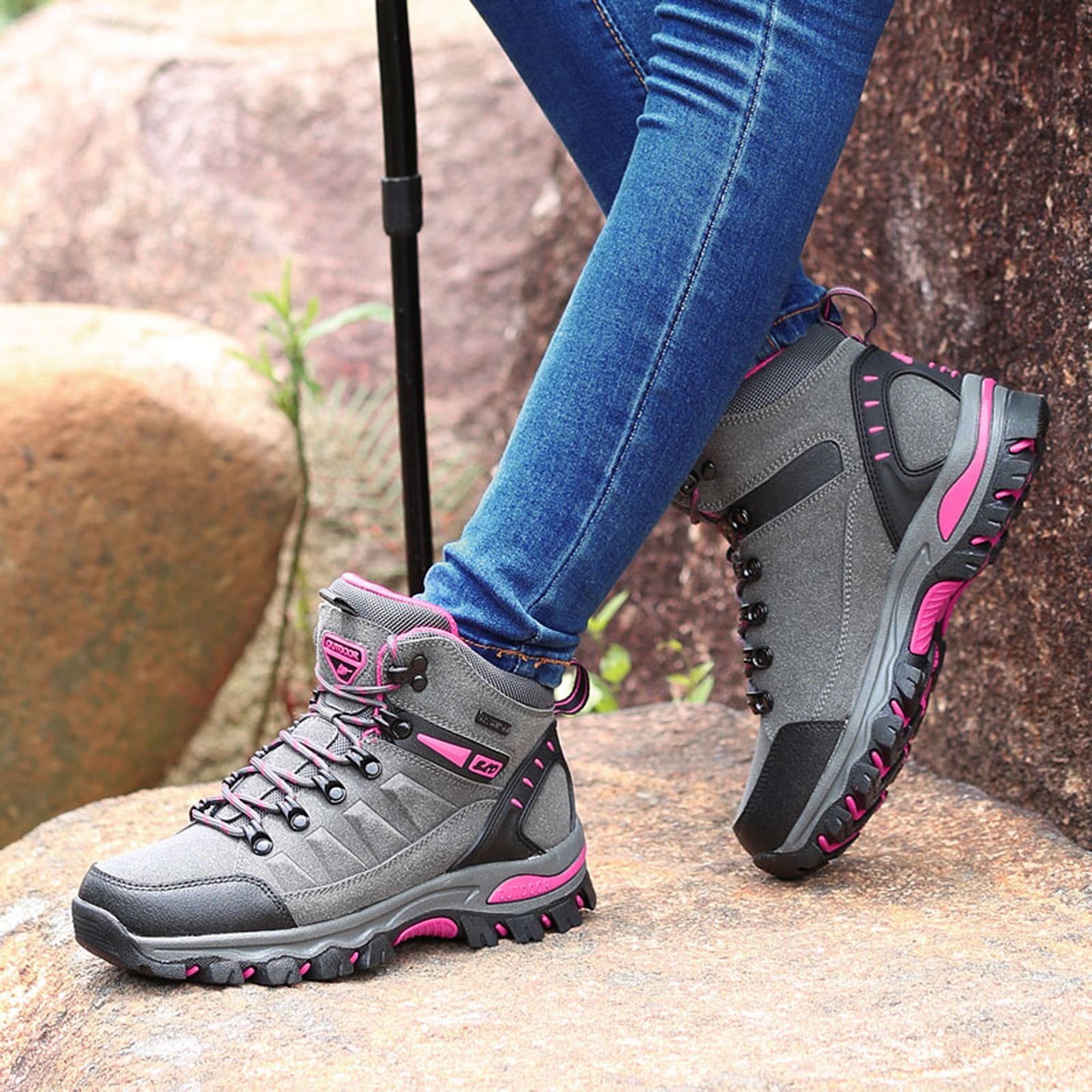 Quaouag Women's Lightweight Hiking Shoes Mid Height Quick Laces Outdoors Travel Sneakers Waterproof Terrain Hiking Boot for Women