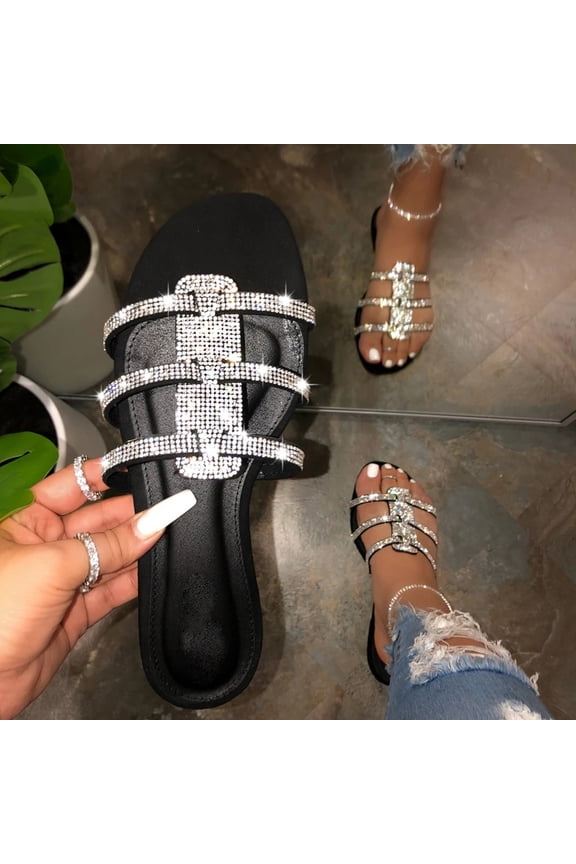 Women's Rhinestone Sandals Slide Glitter Bling Casual Sandal Flat Open Toe Sparkle Slides