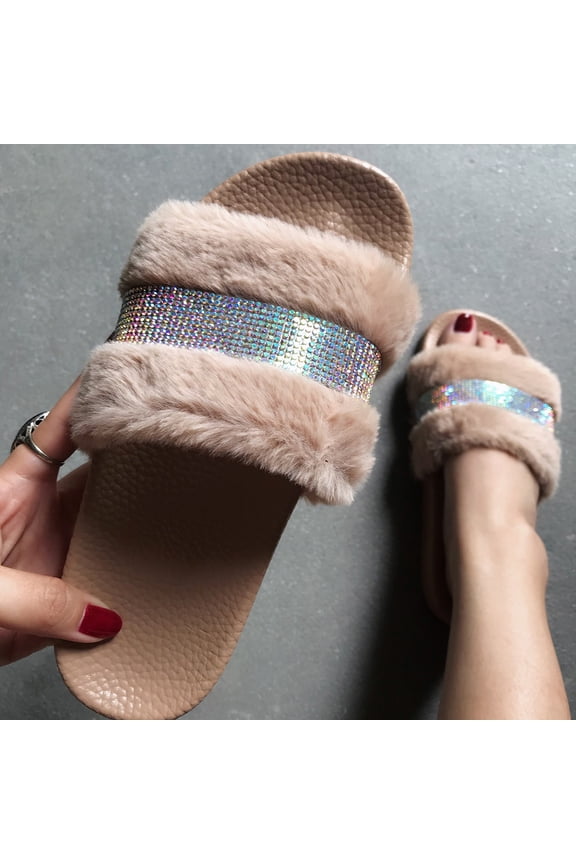 Women's Rhinestone Sandals Slide Glitter Bling Casual Sandal Flat Open Toe Sparkle Slides