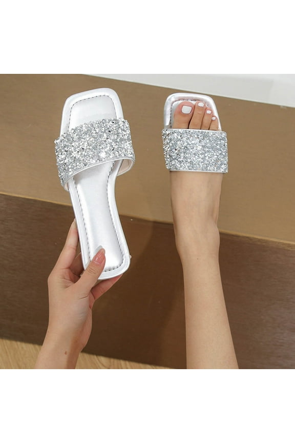 Women's Rhinestone Sandals Slide Glitter Bling Casual Sandal Flat Open Toe Sparkle Slides