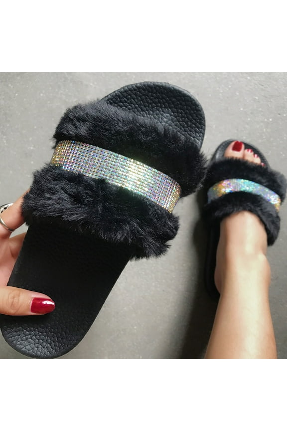 Women's Rhinestone Sandals Slide Glitter Bling Casual Sandal Flat Open Toe Sparkle Slides
