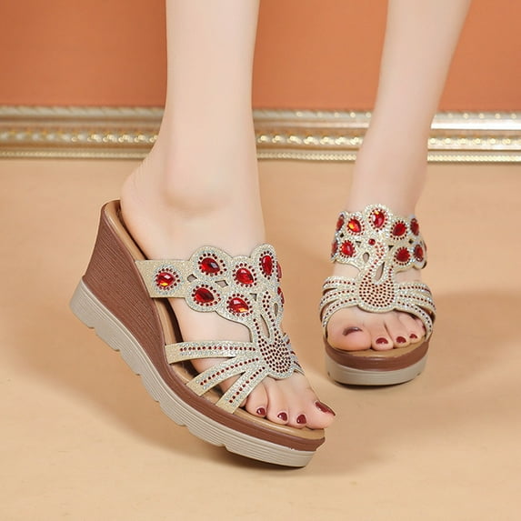 Quaouag Women's Rhinestone Wedge Fashion Bohemian Sandals Slippers,Comfortable Non-Slip Slip on Beach Slippers Open Toe Evening Shiny Wedding Dress Wide Sandals