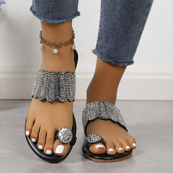Quaouag Women's Rhinestones Toe Ring Flat Slide Sandals,Summer Fashion Sparkly Crystal Studded Open Toe Flip Flops Comfortable Slip-on Bohemian Outdoor Vacation Beach Slippers