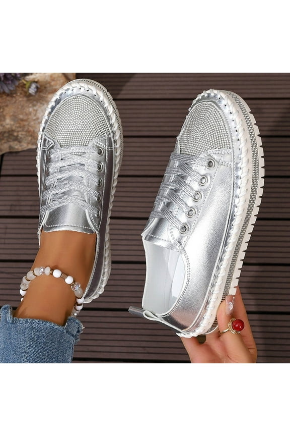 Women's Sequins Diamonds Flat Lace Up Fashion Sneakers Comfortable Shiny Dazzling Fashion Walking Shoes