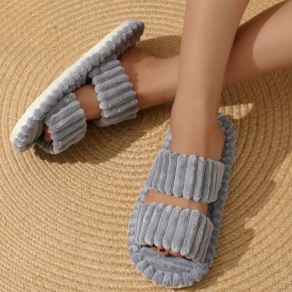 Quaouag Women's Solid Minimalist Stripe Fuzzy Bedroom Slippers Fashion Warm Furry Open Toe House Slipper