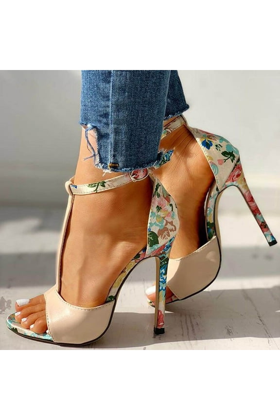 Women's Stiletto High Heel Sandals Fashion Fish Mouth Ankle Buckle Dress Sandals Floral Print Hollow Out Ankle Bootie One Word Belt Party Shoes with Arch Support