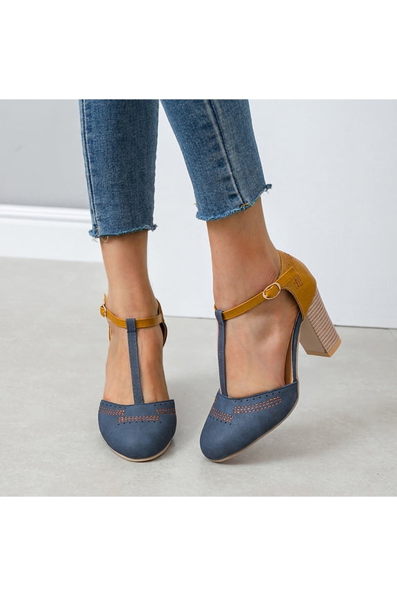 Womens Classic T-Strap Buckle Sandals Chunky high Heels Vintage Oxfords Mary Jane Pump Shoes Hollow Shoes