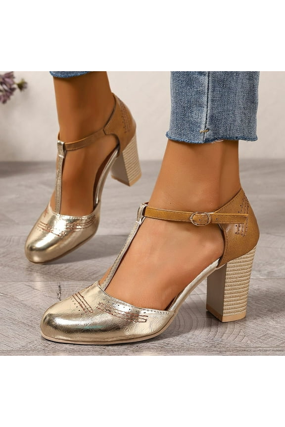 Womens Classic T-Strap Buckle Sandals Chunky high Heels Vintage Oxfords Mary Jane Pump Shoes Hollow Shoes