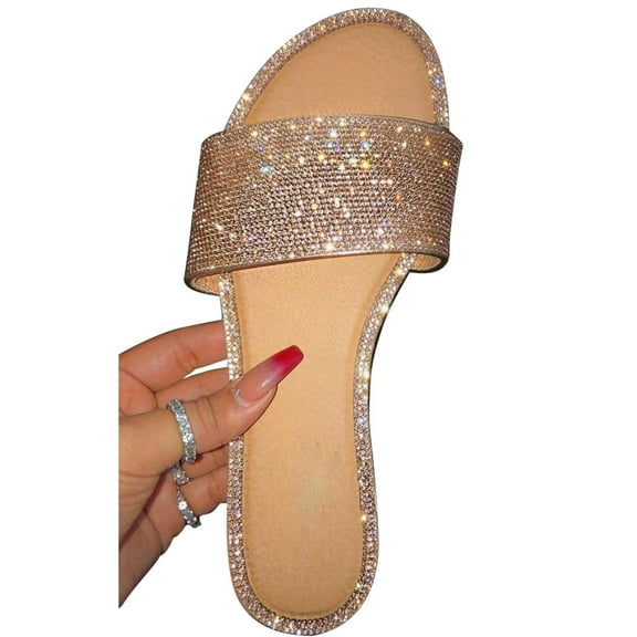 Quaouag Womens Glitter Bling Fancy Slide Flat Low Wedge Sparkle Sandals Shoes Dream