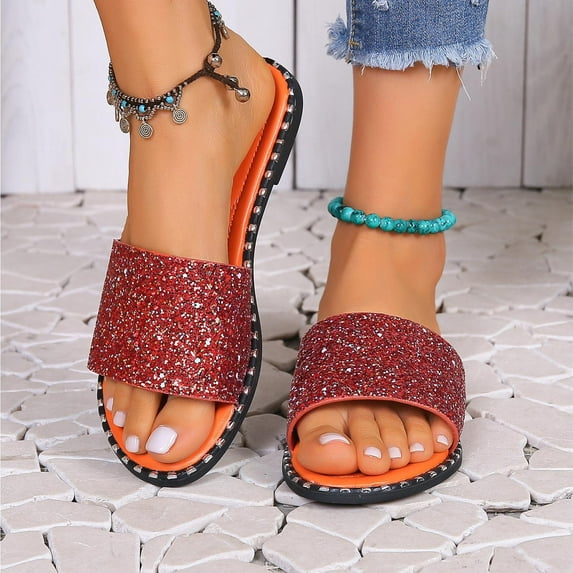 Quaouag Womens Glitter Bling Fancy Slide Flat Low Wedge Sparkle Sandals Shoes Dream