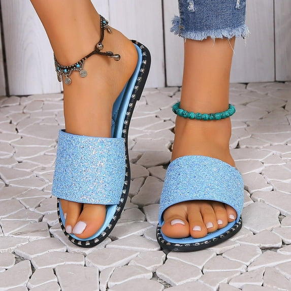 Quaouag Womens Glitter Bling Fancy Slide Flat Low Wedge Sparkle Sandals Shoes Dream