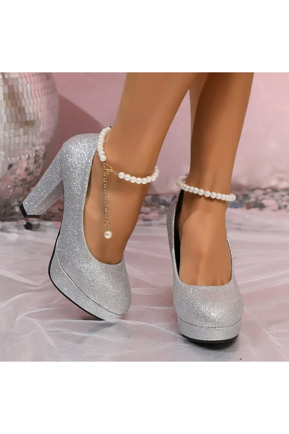 Womens Mary Jane Heels Sequins Chunky Pumps Comfortable Block Heel Dress Shoes for Work Office Wedding Dancing