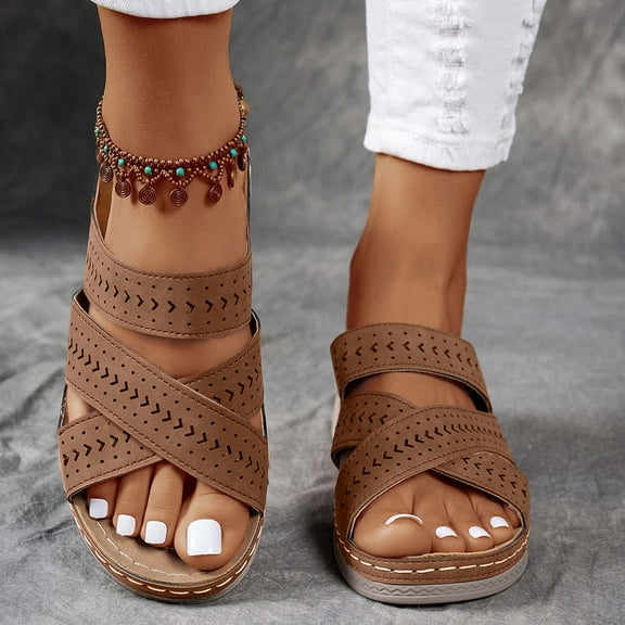 Quaouag Womens Slip On Flat Sandals Soft Leather Open Toe Slide for Summer Dressy