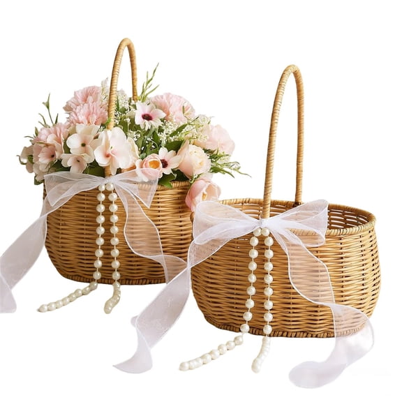Quaqdae 2 Pcs Wicker Rattan Flower Girl Baskets 11.8x8.7x5.1 Inches with Bows Pearls Rustic Wedding Ceremony Basket