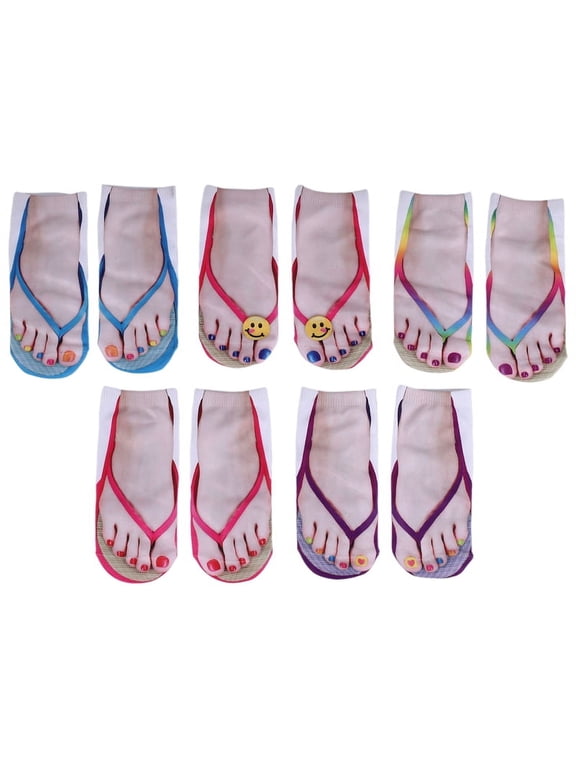 Quaqdae 5 Pair Flip Flop Socks 3D Pattern Manicure Print Funny Hidden Comfort Running Socks Women Personalized Low Cut Ankle