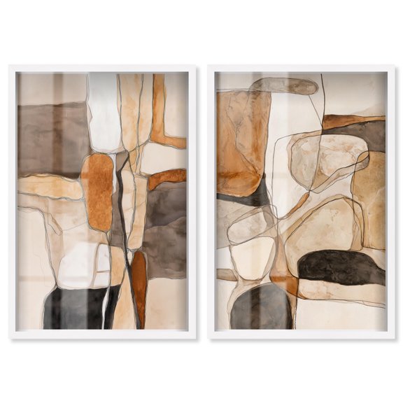 Quarry Wall Abstract Set Shadowbox Print Boho Gold Wall Decor Set by Art Remedy, White Frame, 16 x 24